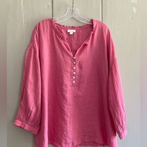 J. Jill Love Linen Blouse Women’s Size L Pink Popover Ruffle Collar Buttons